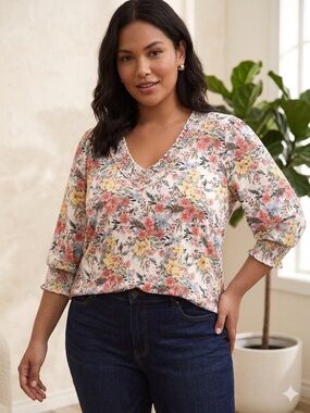 Hiatus Floral Smocked Neck Peasant Blouse Top Size Boho Cottagecore 1x